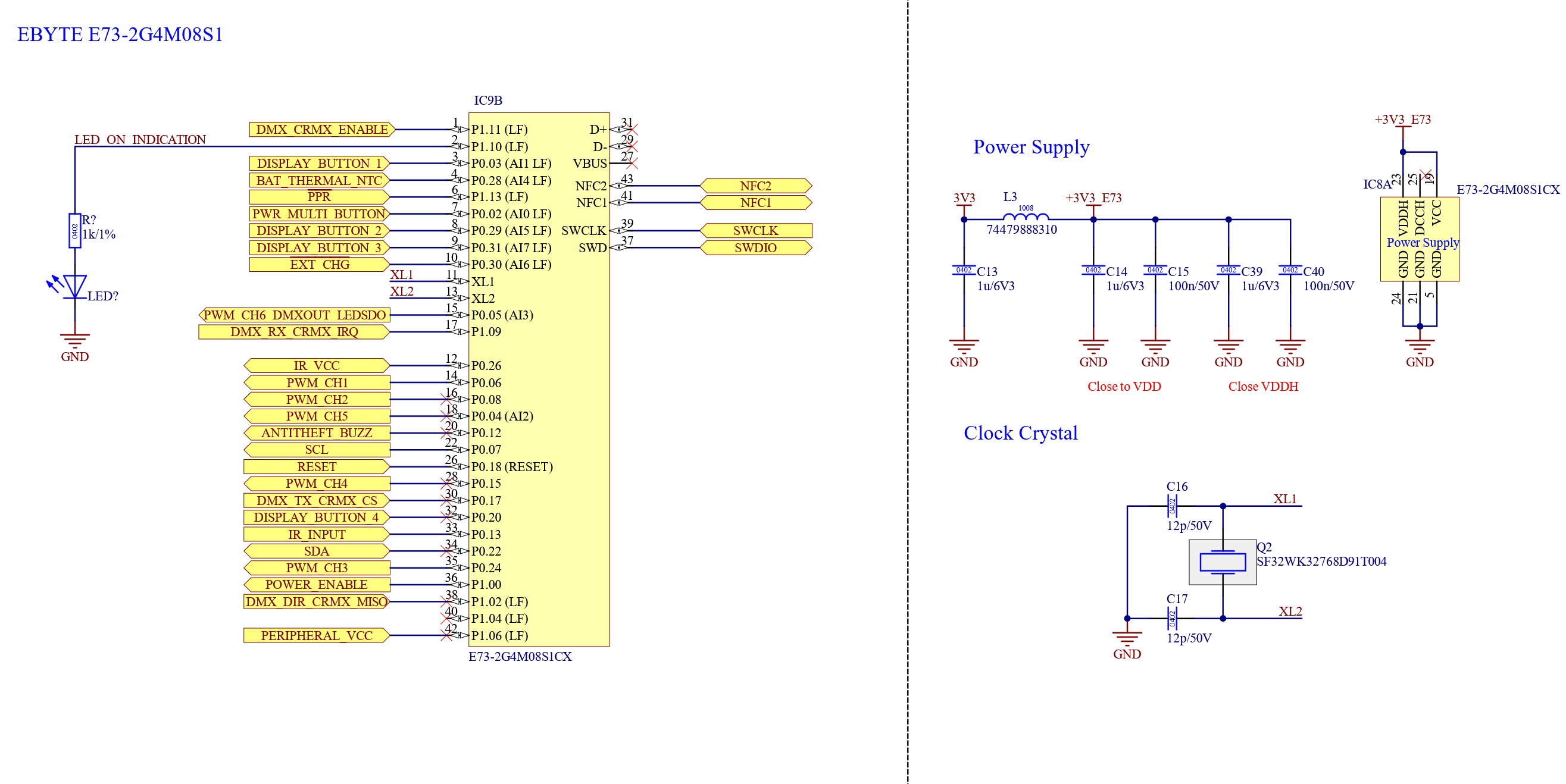 Vision Core schematic for the Ebyte E73-2G4M08S1CX module